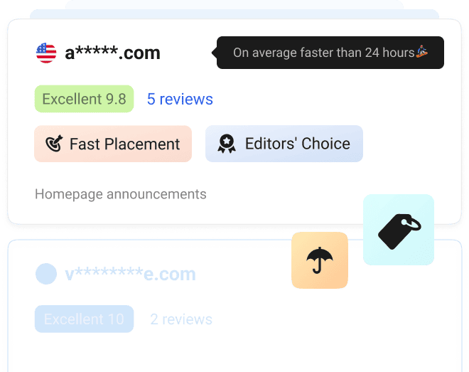Collaborator site listings with 9.8 ratings, Fast Placement, Editors’ Choice badges, and homepage annoucement