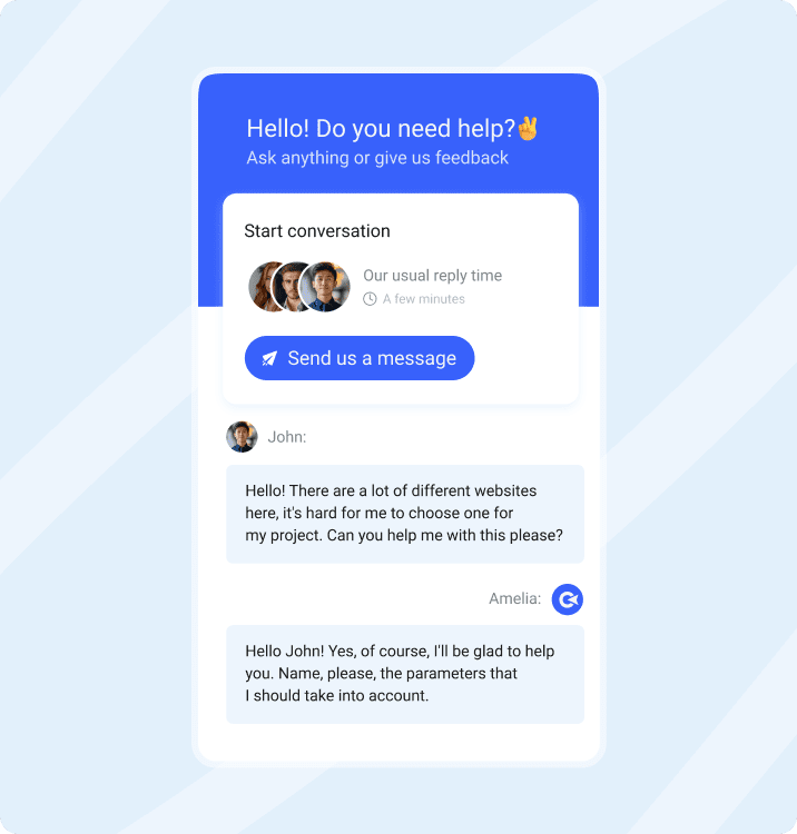 Collaborator support chat showing a conversation about website selection